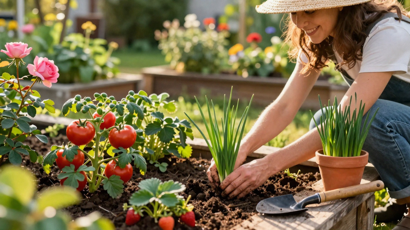 Mulher com chapéu a plantar cebolinhas num canteiro com tomates, morangos e rosas cor-de-rosa.