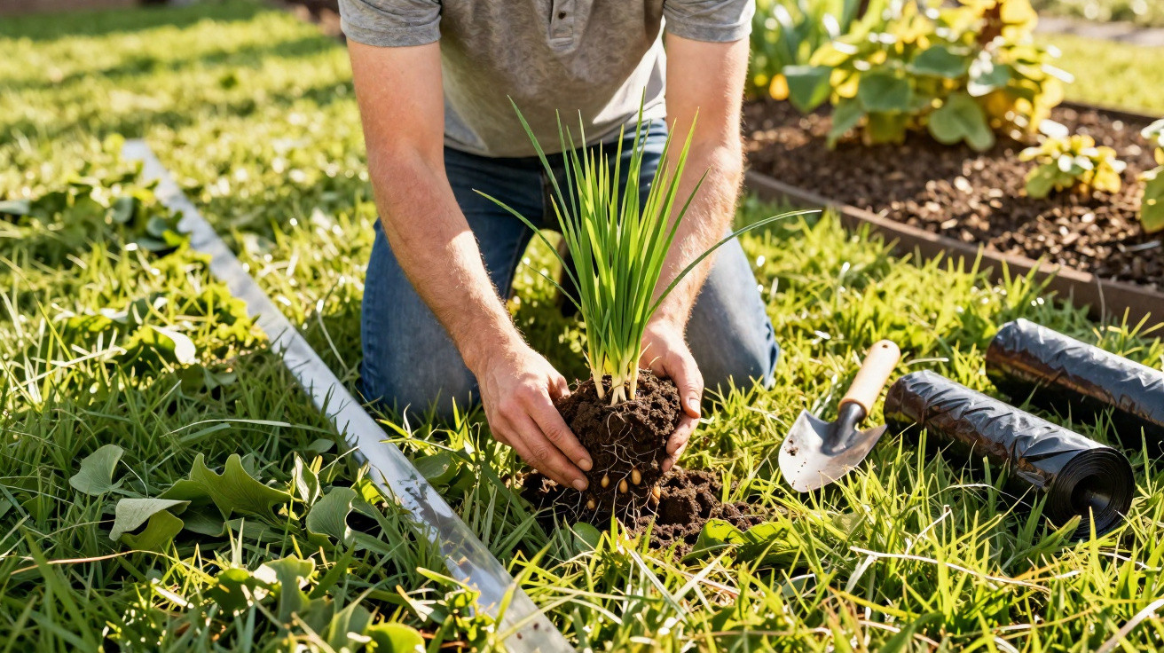 Pessoa a plantar uma muda de alho-francês num jardim com ferramentas de jardinagem ao lado.
