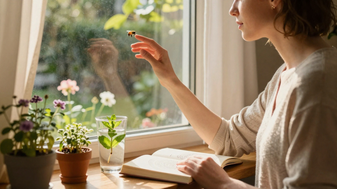 Mulher sentada junto à janela a observar uma abelha enquanto estende a mão, com plantas e livro à frente.
