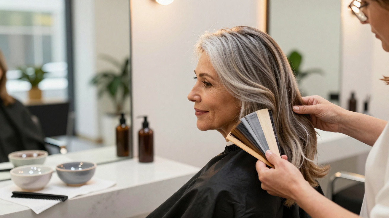 Mulher grisalha sentada no salão de cabeleireiro a escolher cor de cabelo com amostras.