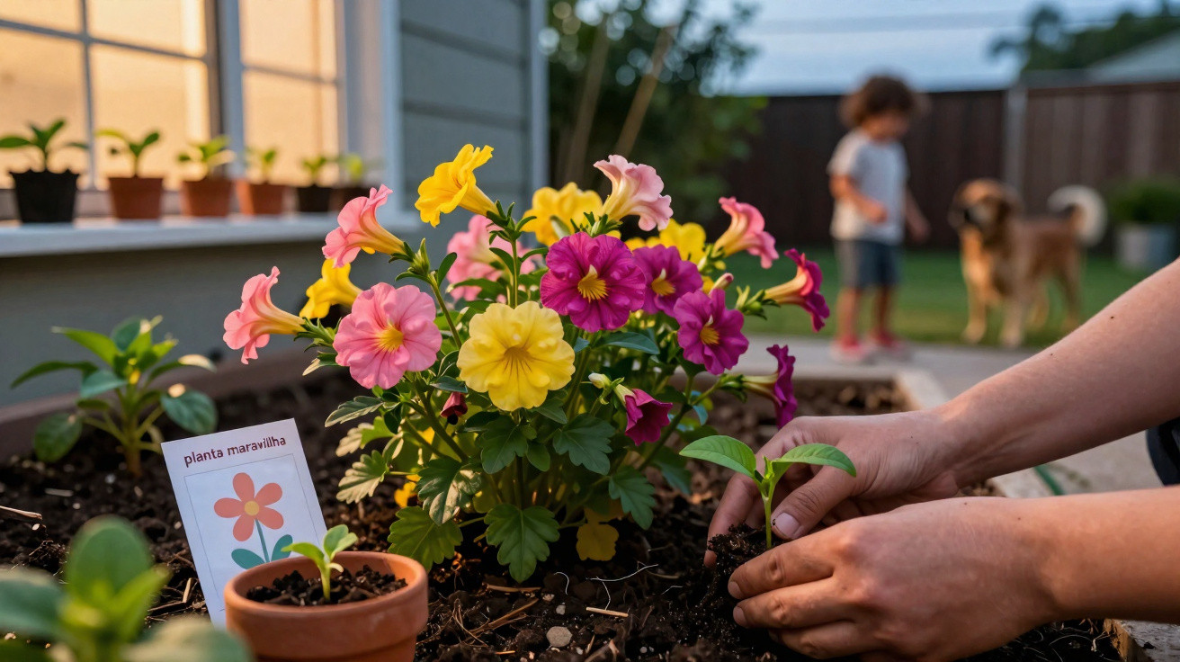 Mãos a plantar flor amarela e rosa num jardim com criança e cão ao fundo ao entardecer.