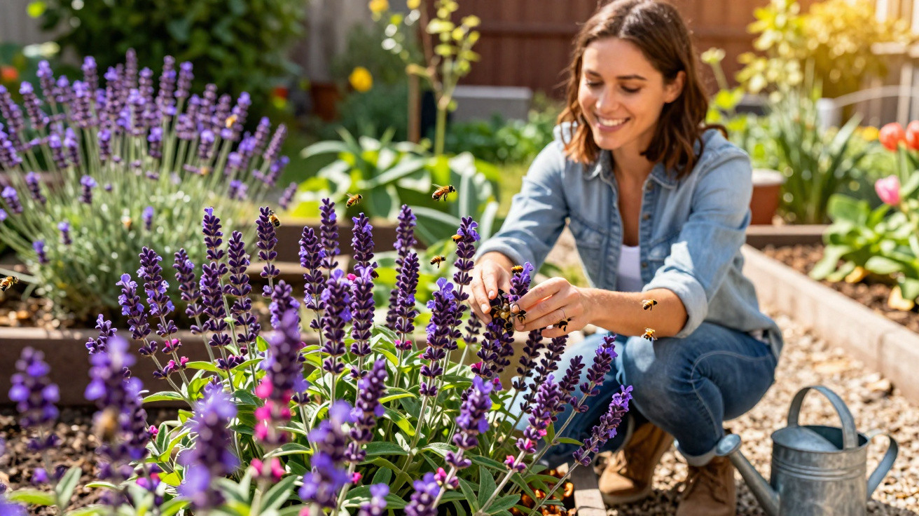 Mulher sorridente a cuidar de flores de lavanda num jardim com abelhas a voar.