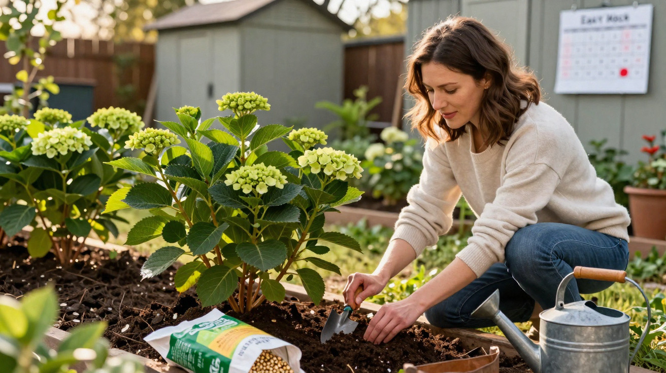 Mulher a cuidar de plantas num jardim com regador e fertilizante ao lado.