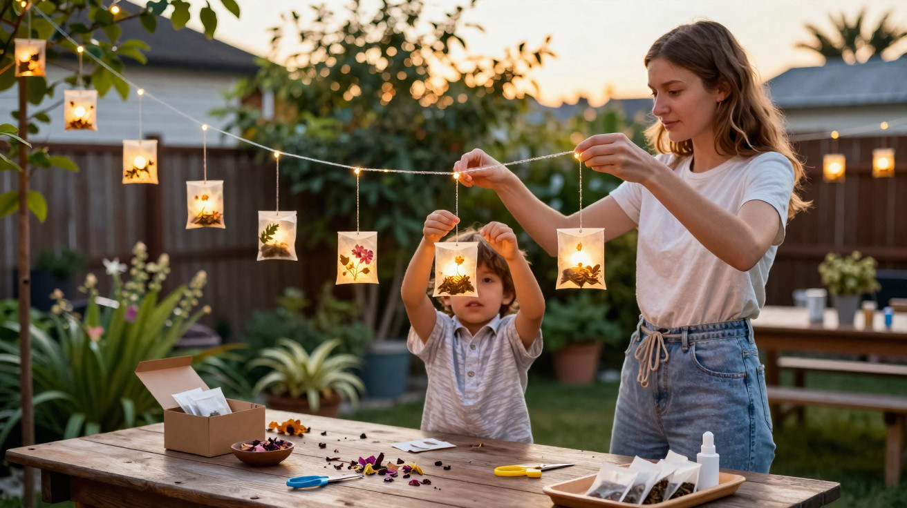 Mulher e menino penduram lanternas decorativas feitas com flores em cordão no jardim ao entardecer.