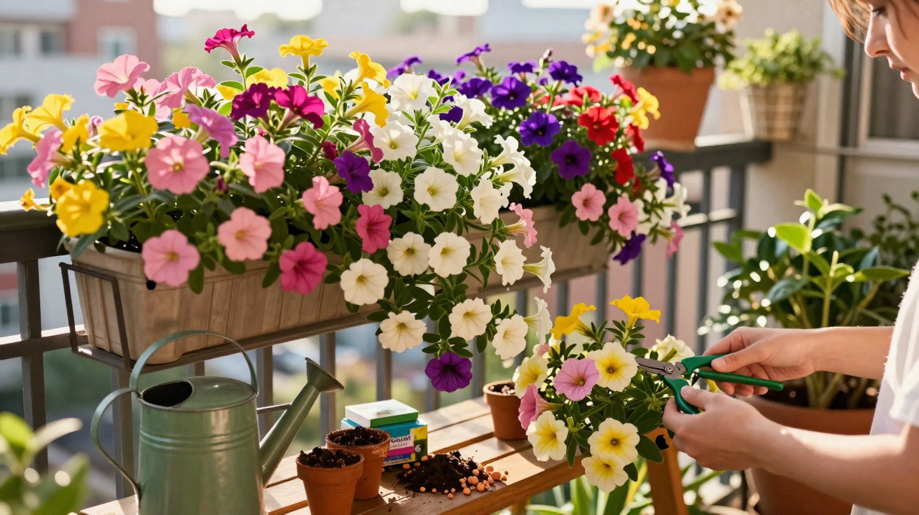 Varanda com vasos coloridos de flores e mãos a podar flores com tesoura de jardinagem.