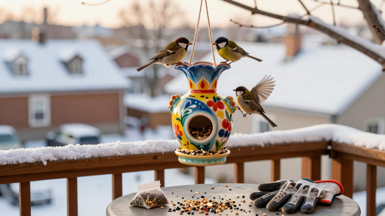 Pássaros a alimentar-se num comedouro colorido suspenso numa varanda com neve e luva de jardinagem numa mesa redonda.
