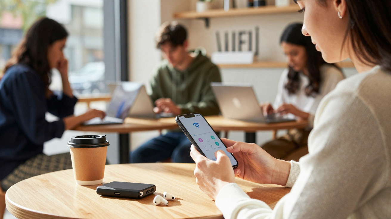 Pessoa a usar smartphone com símbolo de Wi-Fi, com colegas ao fundo num café com laptops e telemóveis.