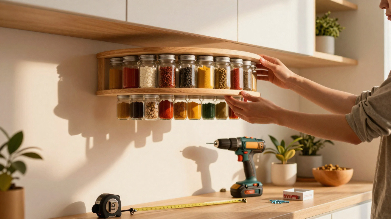 Prateleira giratória de especiarias em vidro a ser instalada numa cozinha moderna e luminosa.