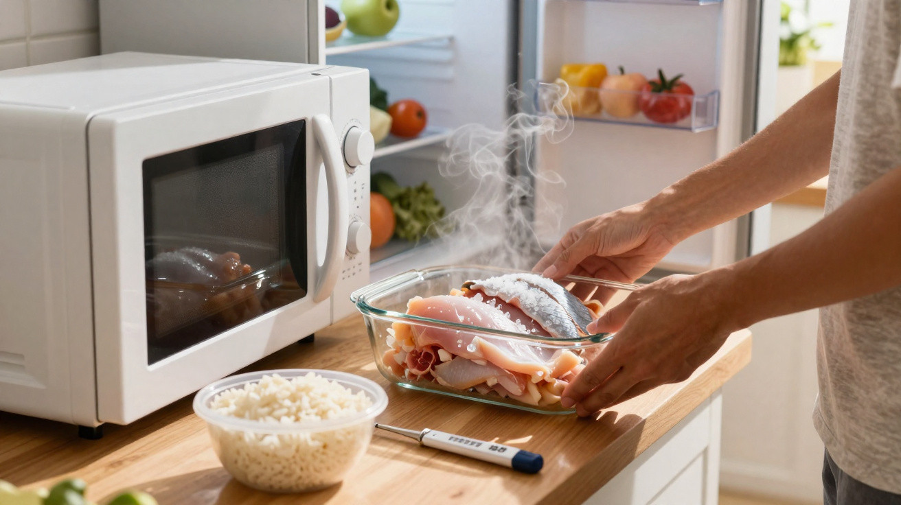 Mãos a segurar travessa de vidro com peixe fumegante perto de micro-ondas e tigela de arroz.