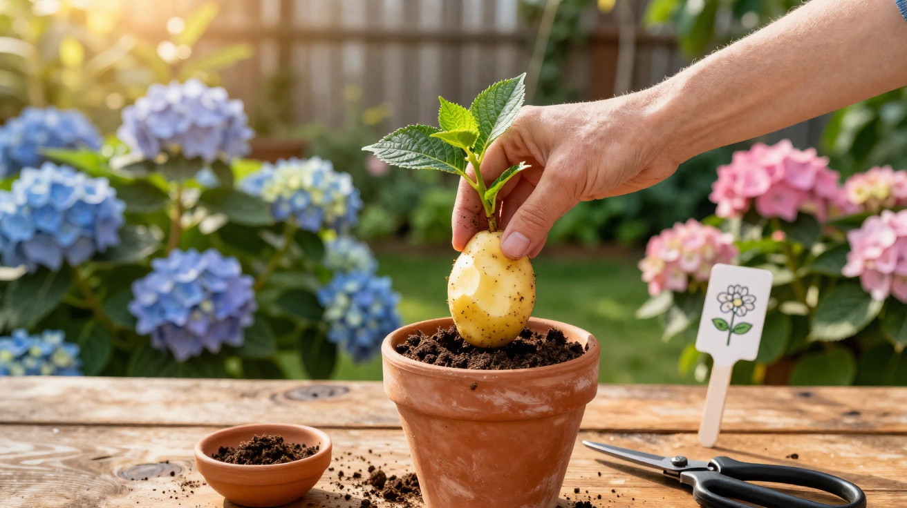 Mão a plantar batata com folhas verdes num vaso de barro, sobre mesa com terra e flores ao fundo.