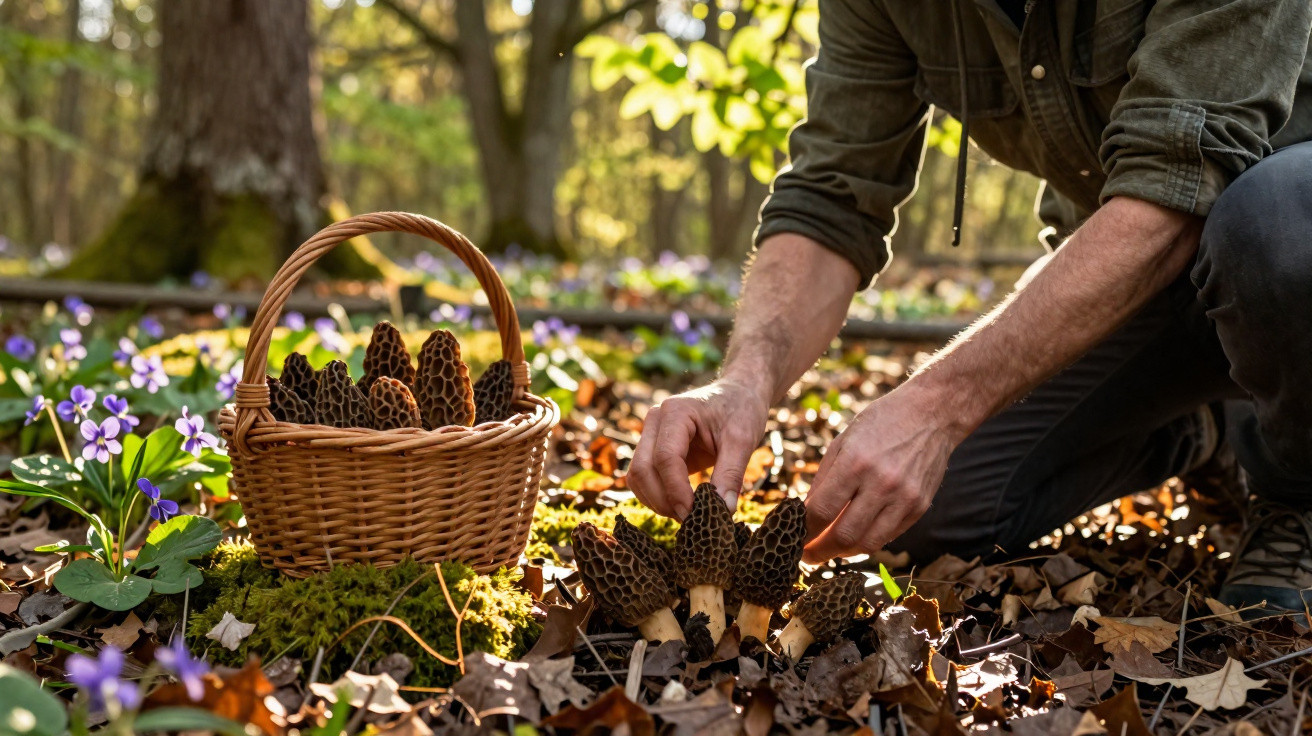 Pessoa a colher cogumelos morel em floresta com cesta de vime rodeada de flores e folhas secas no chão.