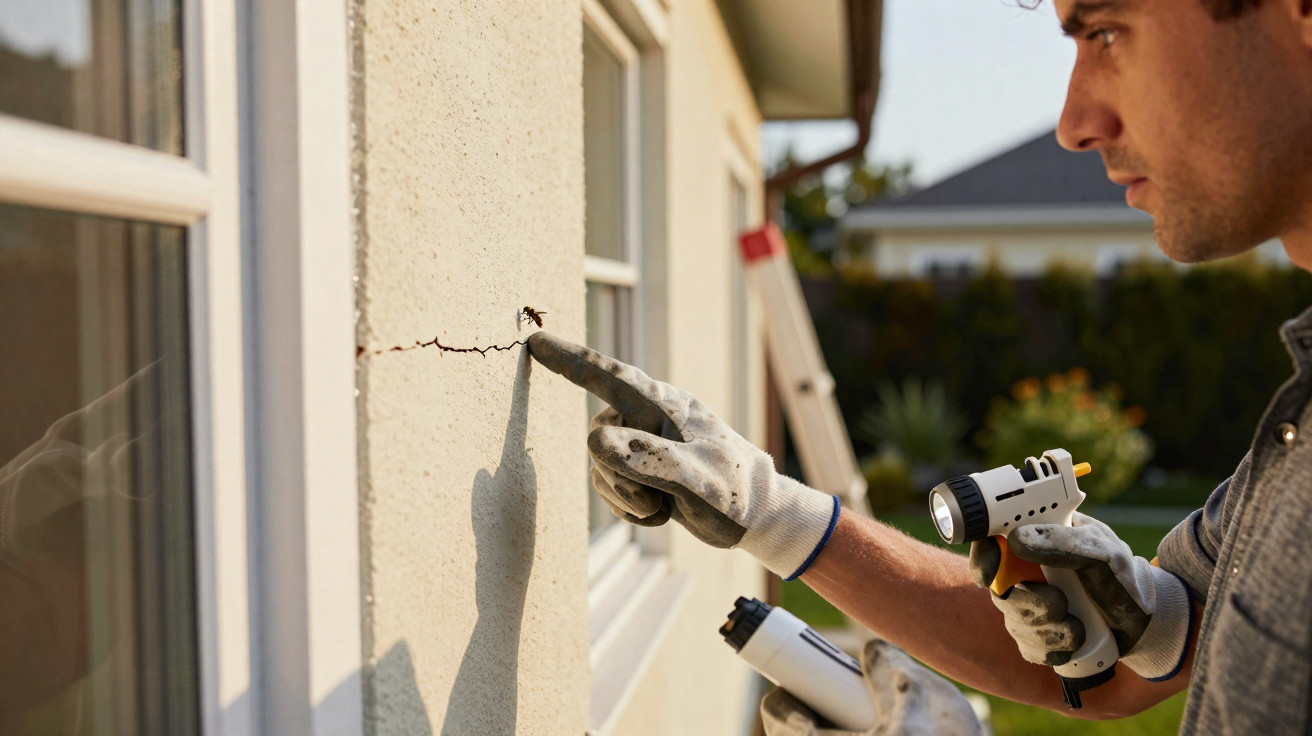 Homem com luvas usa equipamento para inspeção em fissura numa parede exterior de casa.