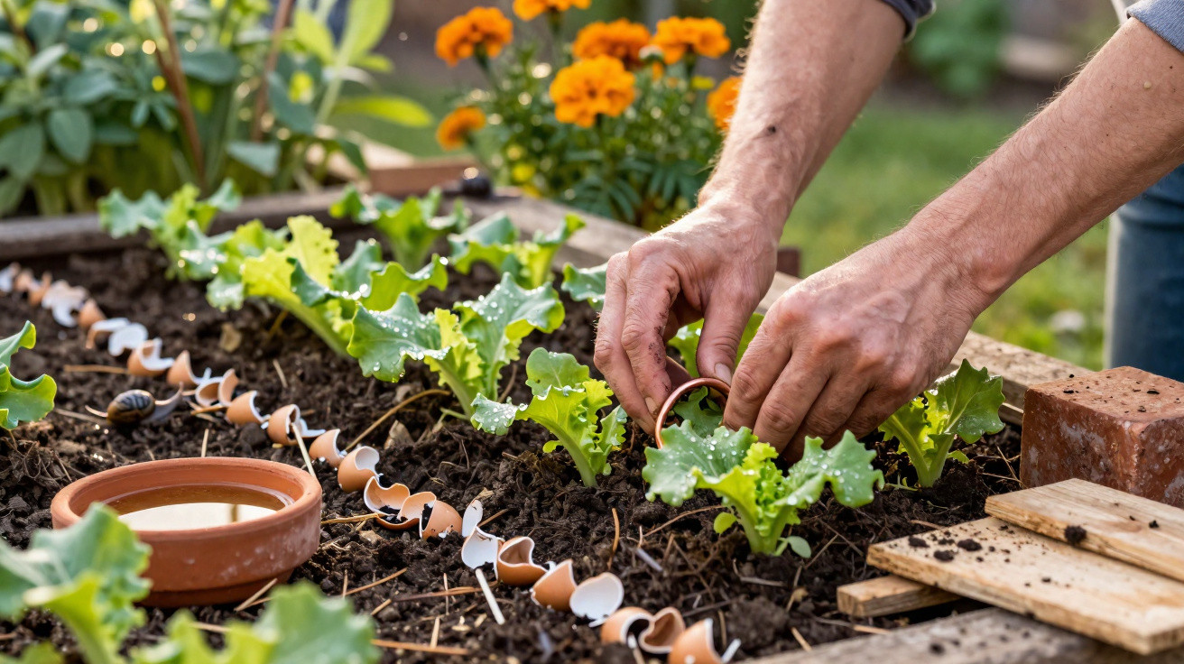 Pessoa a plantar mudas numa horta com cascas de ovos usadas como fertilizante natural.