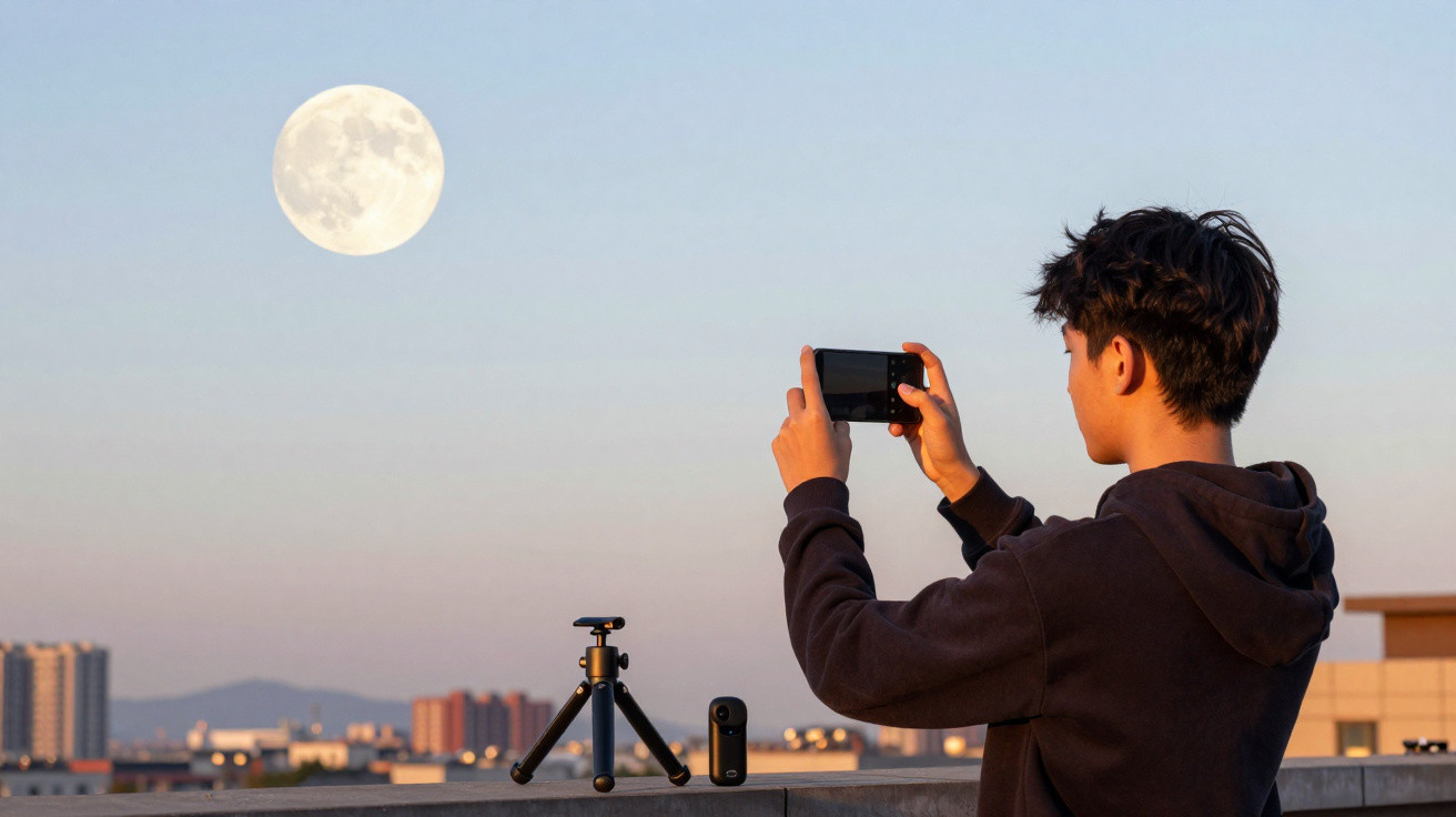 Pessoa a fotografar a lua cheia com smartphone numa varanda com cidade ao fundo ao entardecer.