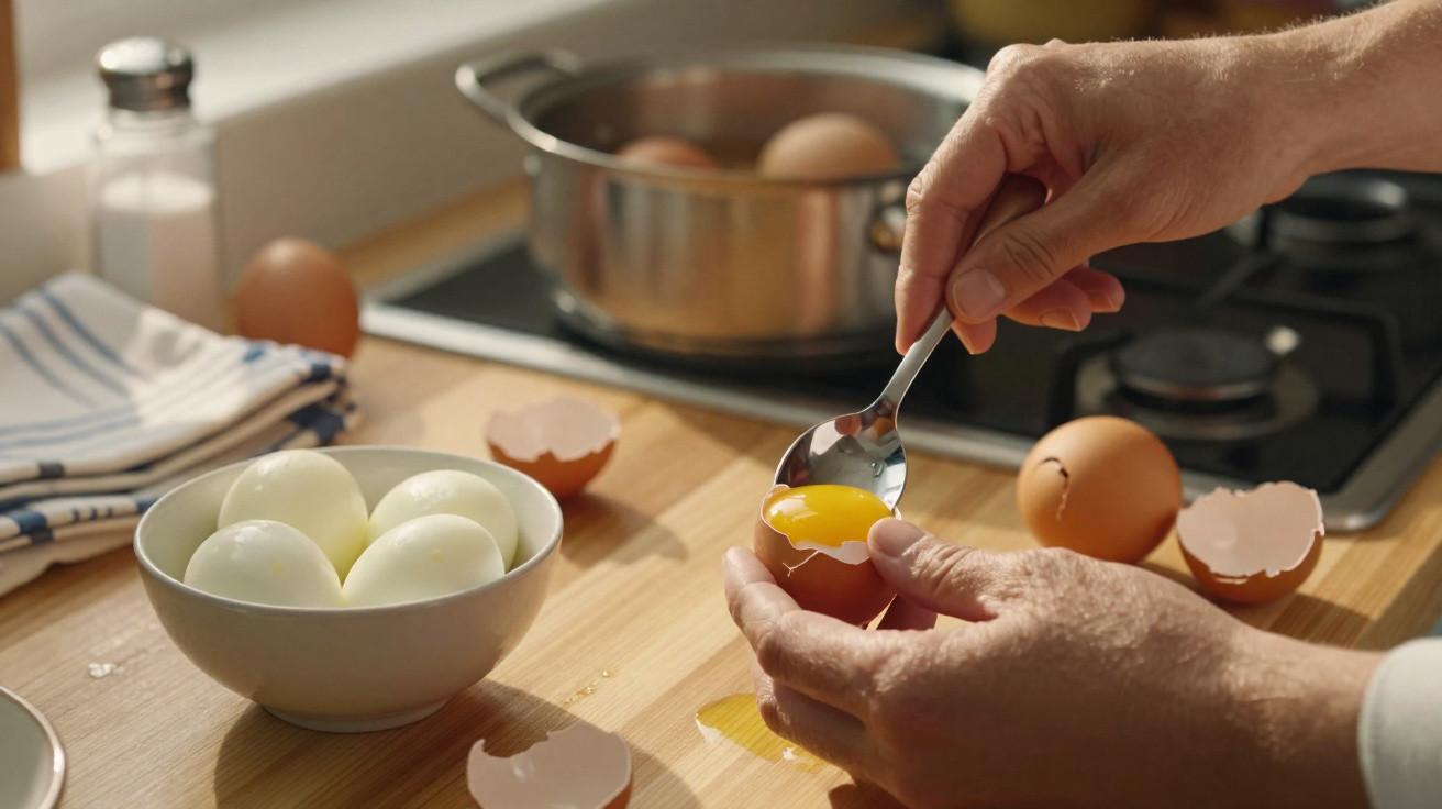 Mãos a descascar ovo cozido e separando a gema, vidro com ovos descascados e panela com ovos na cozinha.