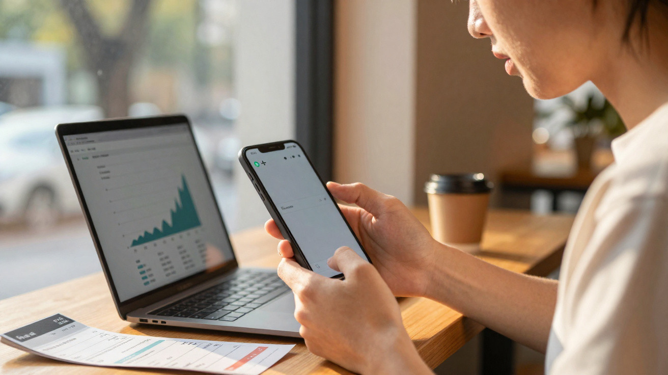 Pessoa a analisar gráficos num computador portátil enquanto usa um smartphone numa mesa junto à janela.