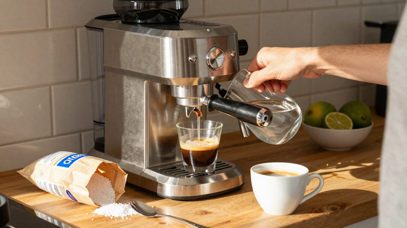 Máquina de café a vapor a preparar leite para um cappuccino numa cozinha moderna.