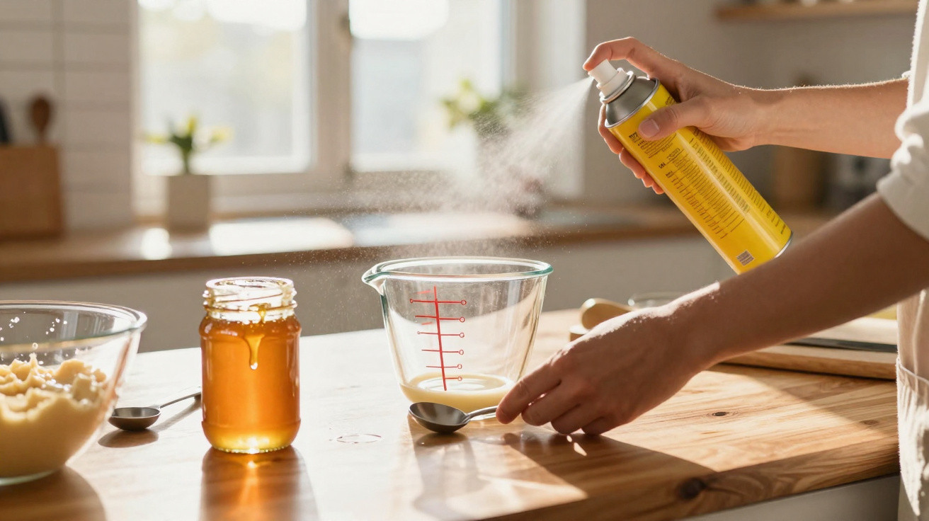 Pessoa a pulverizar óleo numa taça de vidro que contém ingredientes para cozinhar, sobre uma bancada de madeira.