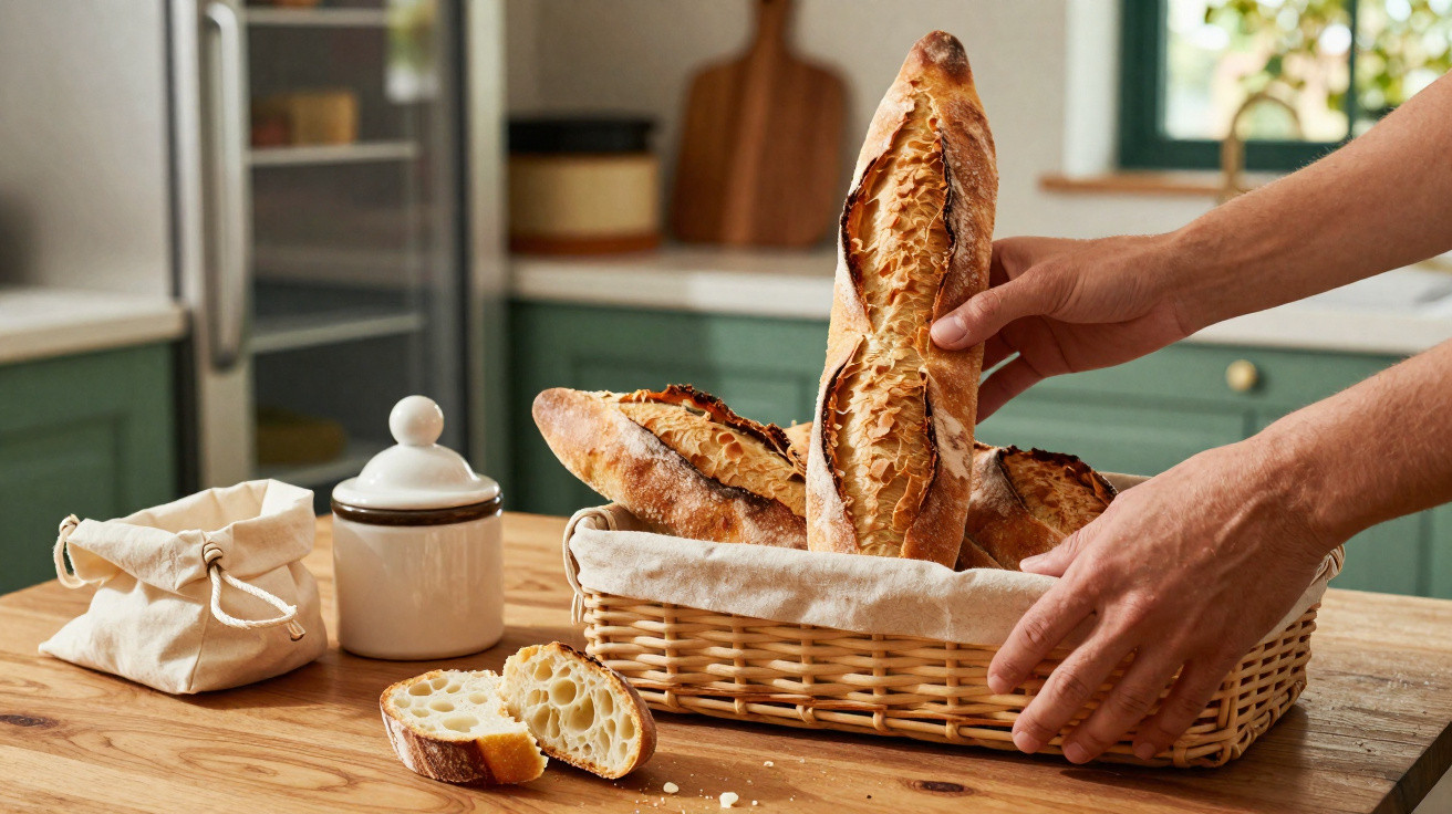 Mãos a colocar manteiga numa baguete sobre mesa de madeira, com pedaços de pão e recipiente ao lado.
