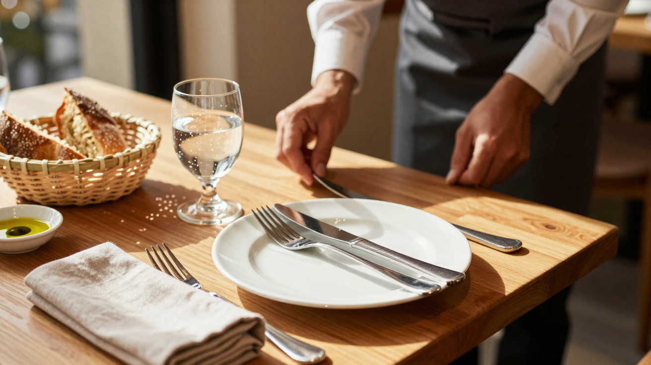 Pessoa a preparar uma mesa com prato vazio, talheres, copo de água e cesta de pão à luz do dia.