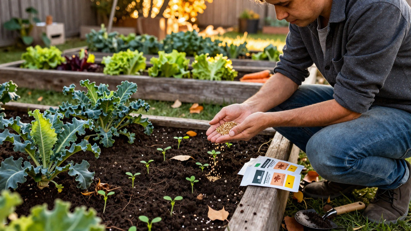Homem a semear em canteiro com alfaces, cenouras e outras plantas numa horta e jardim.