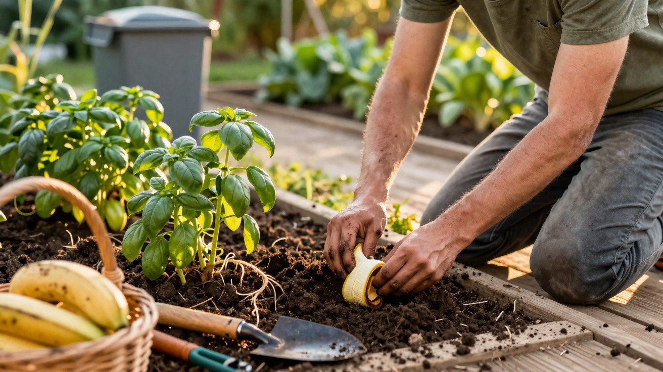 Pessoa a colocar casca de banana no solo de uma horta caseira com plantas de tomate e manjericão.