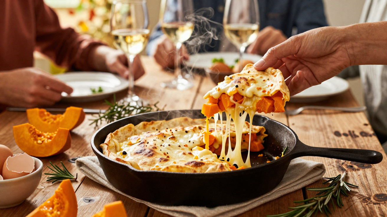 Pizza caseira com queijo derretido e abóbora, servida numa frigideira, à volta de uma mesa com pessoas.