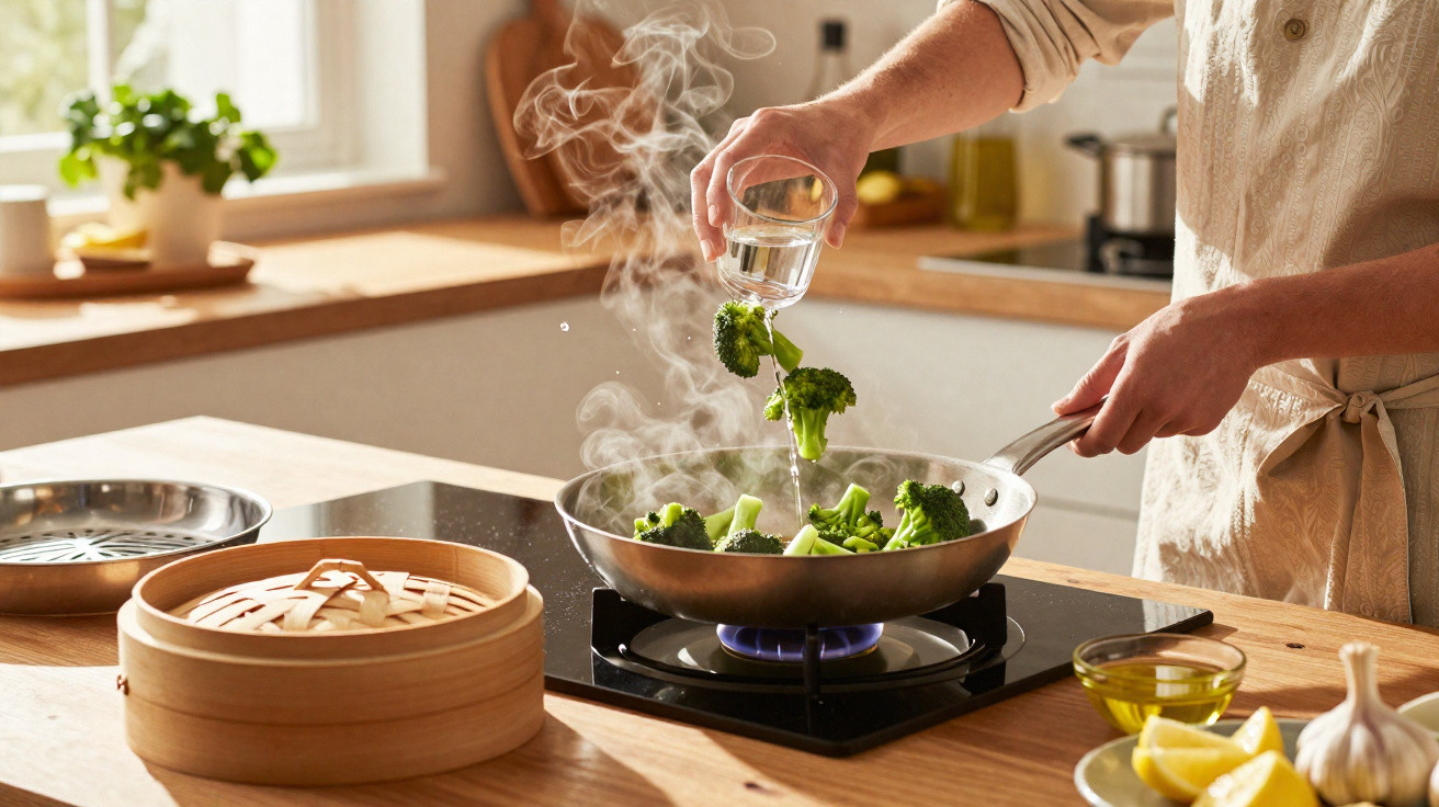 Pessoa a cozinhar brócolos numa frigideira com vapor, em cozinha moderna e iluminada a luz natural.