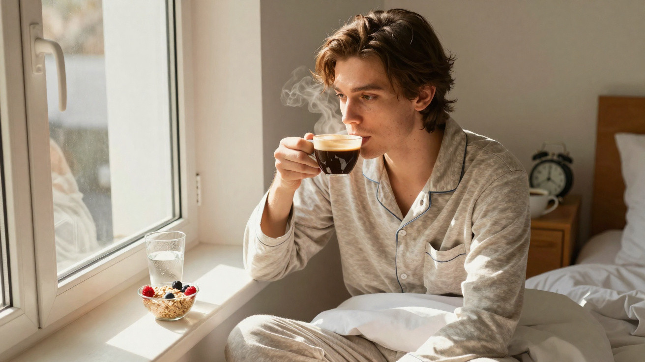Homem em pijama a beber café junto à janela, com taça de frutas e copo de água à frente.
