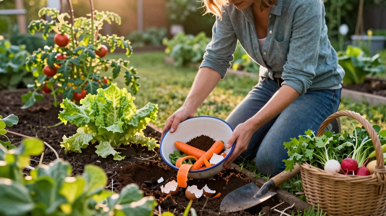 Pessoa a compostar resíduos orgânicos num vaso no jardim com legumes e plantas à volta.
