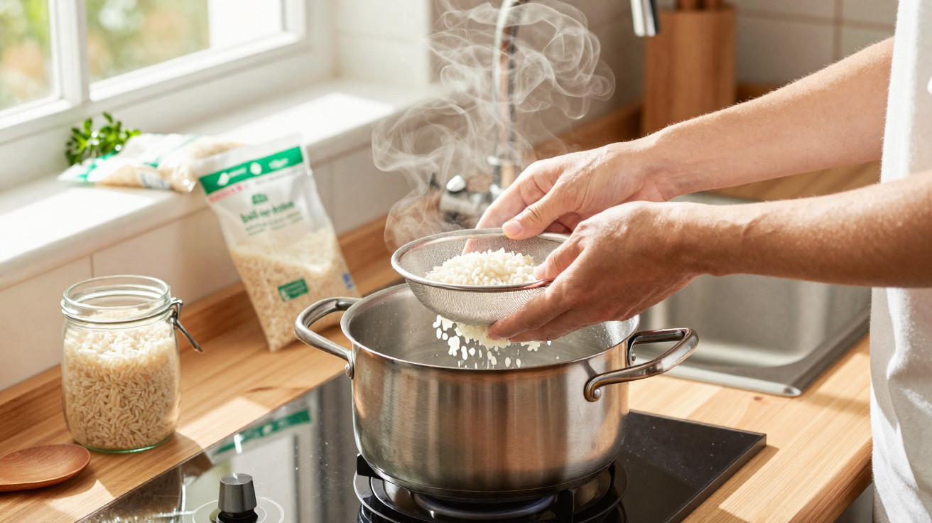 Mãos a coar arroz para dentro de panela a ferver numa cozinha iluminada pela luz natural.