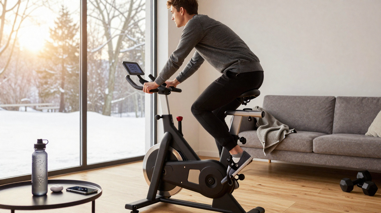 Homem a pedalar bicicleta estática junto a janela grande com vista para paisagem nevada, sala com sofá e tapetes.