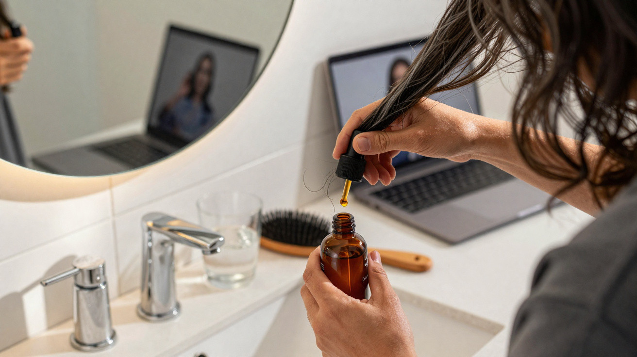 Pessoa a aplicar gotas num cabelo junto a uma pia de casa de banho com computador ao fundo.