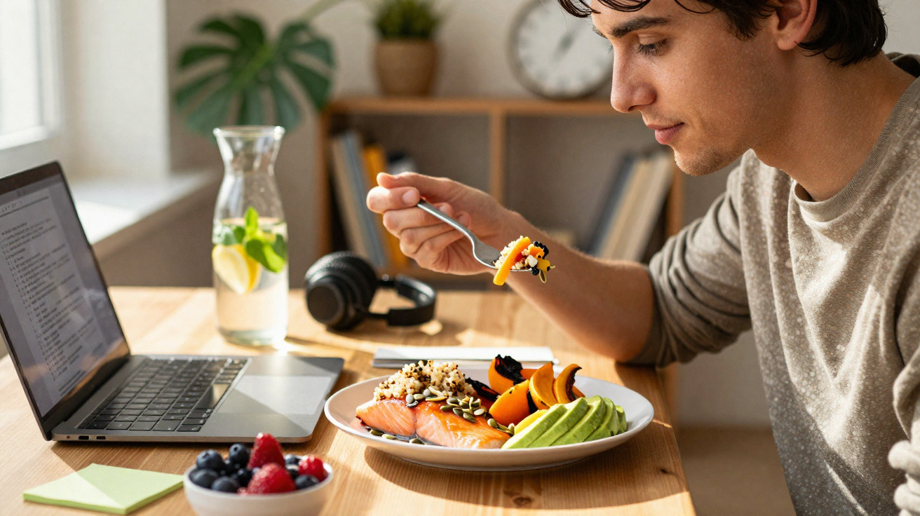 Jovem a comer refeição saudável com salmão, abacate e fruta, sentado à mesa com portátil aberto.