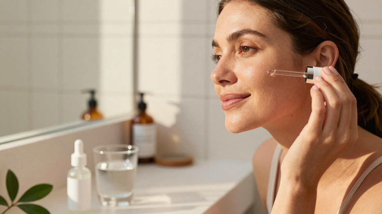 Mulher aplica sérum facial com conta-gotas em casa, junto a espelho e produtos de cuidado da pele.