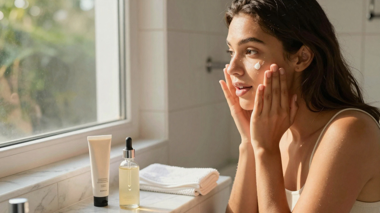 Mulher a aplicar sérum facial à frente de uma janela, com produtos e toalha ao lado numa superfície de mármore.