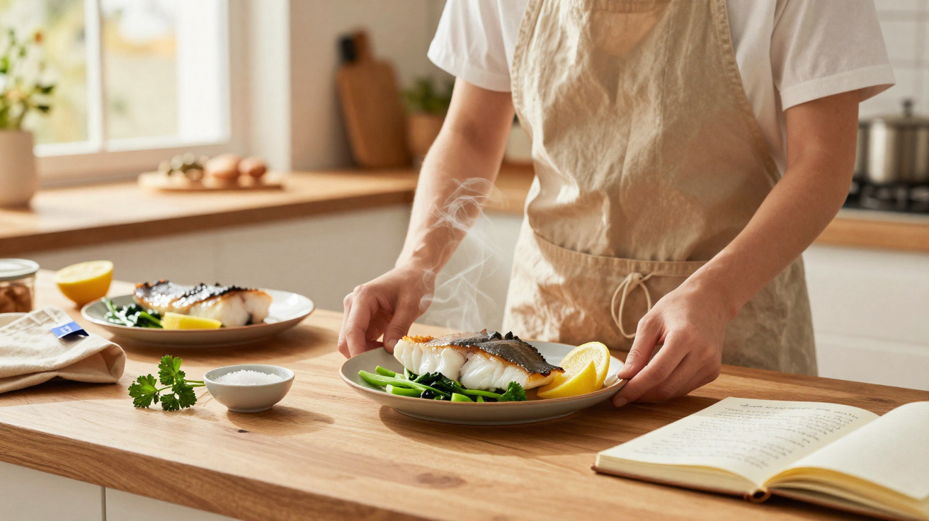 Pessoa a servir prato com peixe fumegante, legumes e limão numa cozinha iluminada.