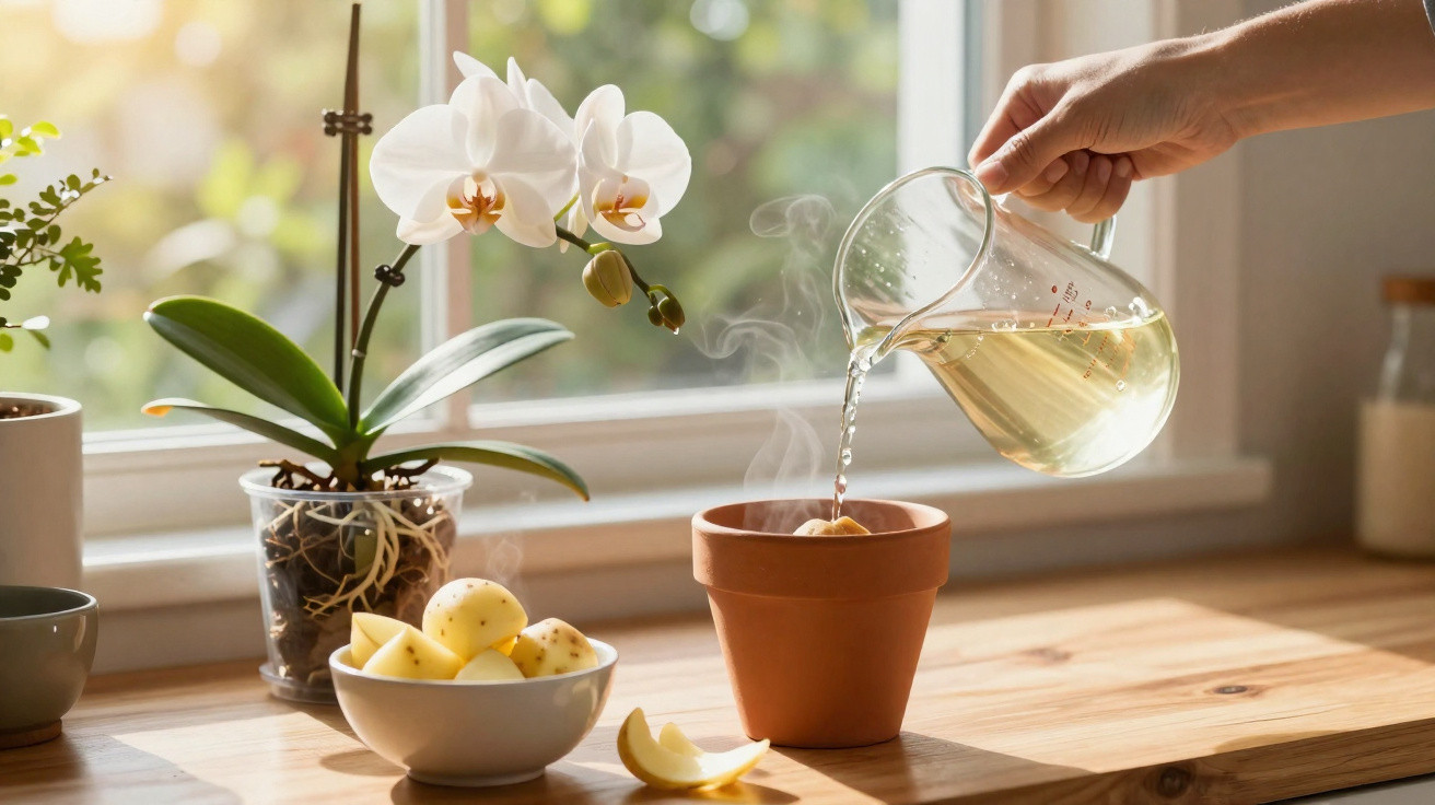 Mão a verter chá quente numa chávena com frutas e flores de orquídea branca numa bancada de cozinha iluminada.