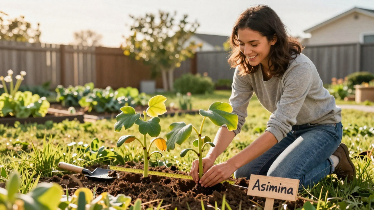 Mulher a cuidar de plantas jovens de Asimina num jardim ensolarado.
