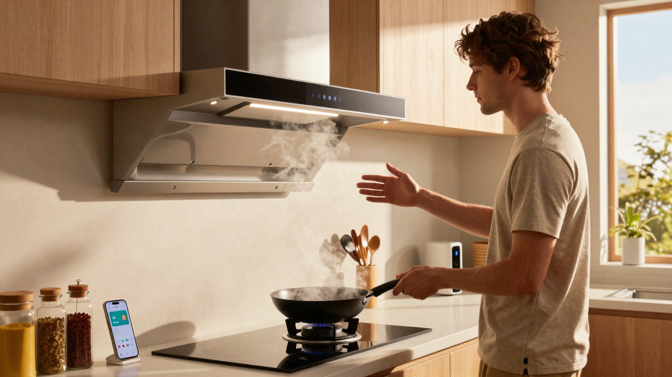 Homem a cozinhar no fogão com exaustor a aspirar o vapor numa cozinha moderna e luminosa.