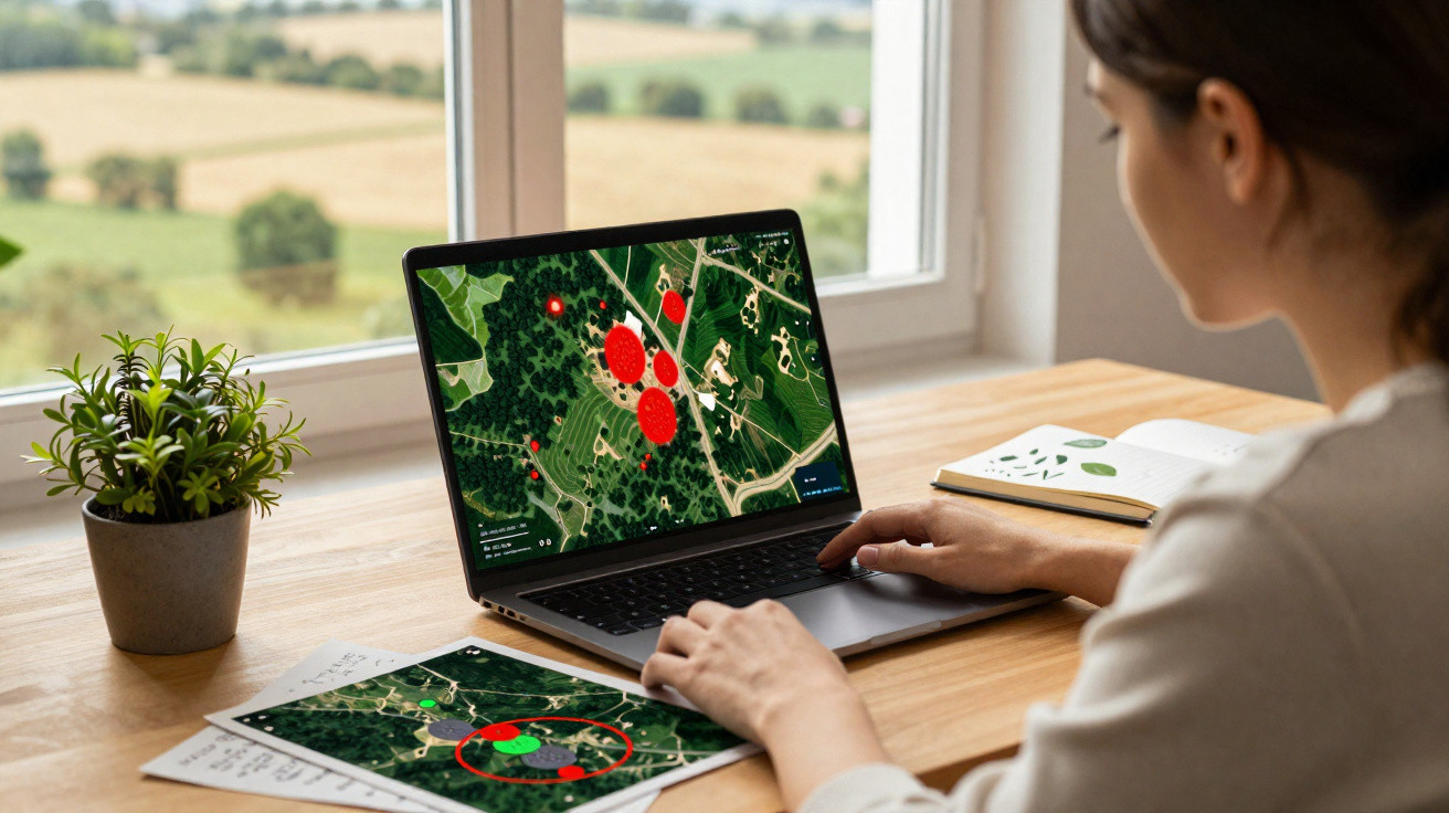 Pessoa a analisar mapas agrícolas com marcas coloridas num portátil e tablet numa mesa junto a uma janela.