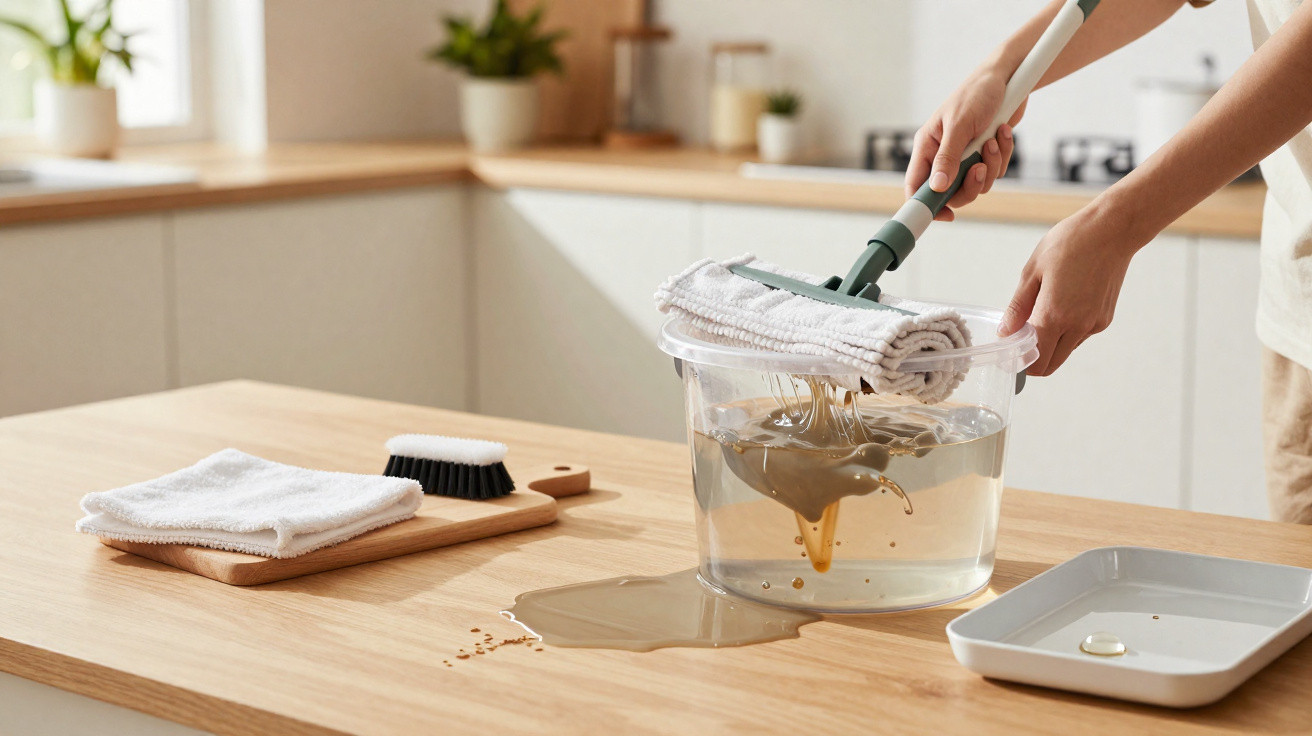 Pessoa a limpar um líquido derramado numa bancada de cozinha com um esfregão húmido num balde.