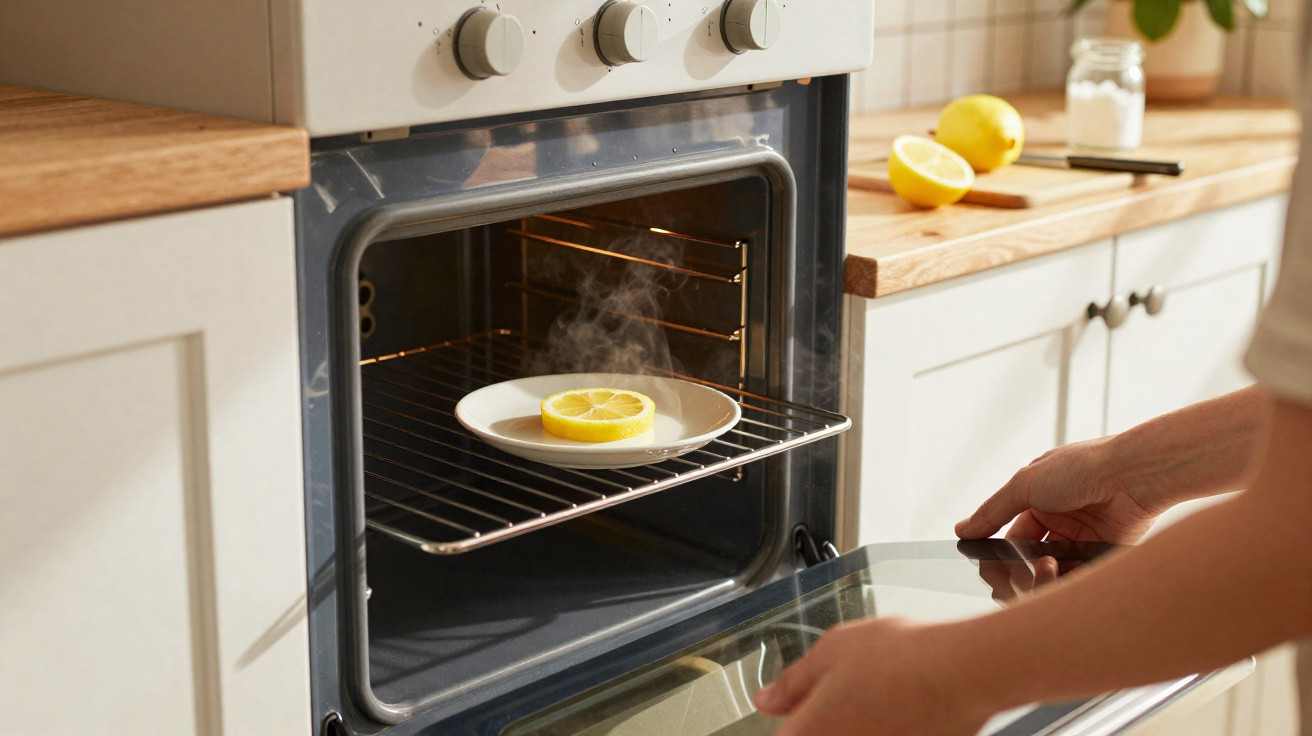 Mãos a fechar forno com prato branco e rodela de limão a vaporizar no interior.