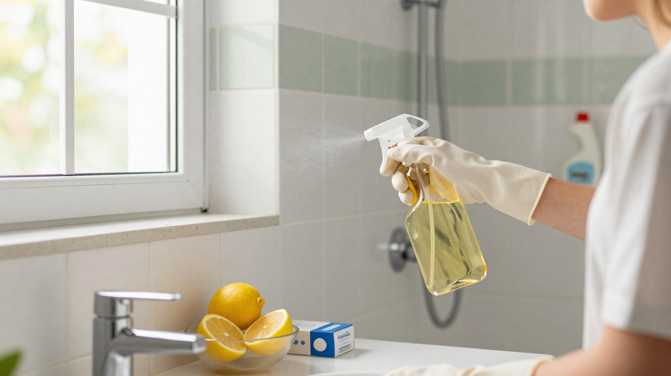 Pessoa a usar spray de limpeza amarelo para higienizar azulejos brancos na casa de banho.