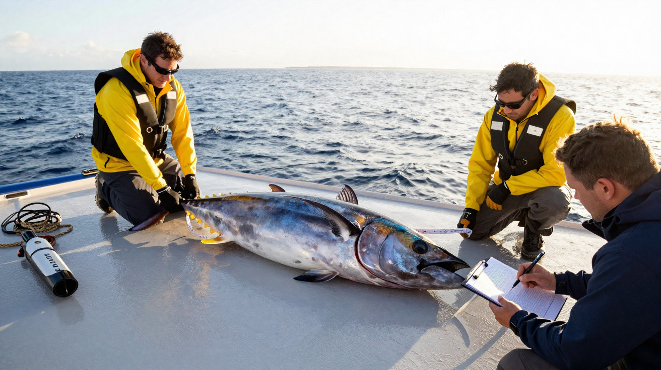 Dois homens em coletes amarelos medem e registam o tamanho de um grande atum num barco no mar.