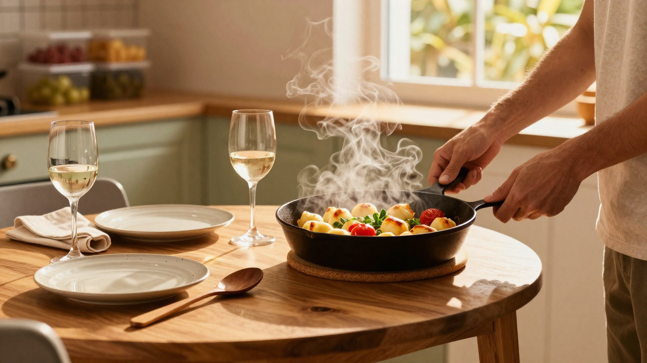 Pessoa a servir comida quente numa frigideira fumegante numa mesa de madeira com pratos e copos de vinho branco.