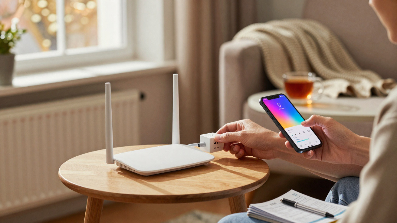 Pessoa a controlar aplicação de luz inteligente num smartphone com router e tomada inteligente numa mesa de madeira.