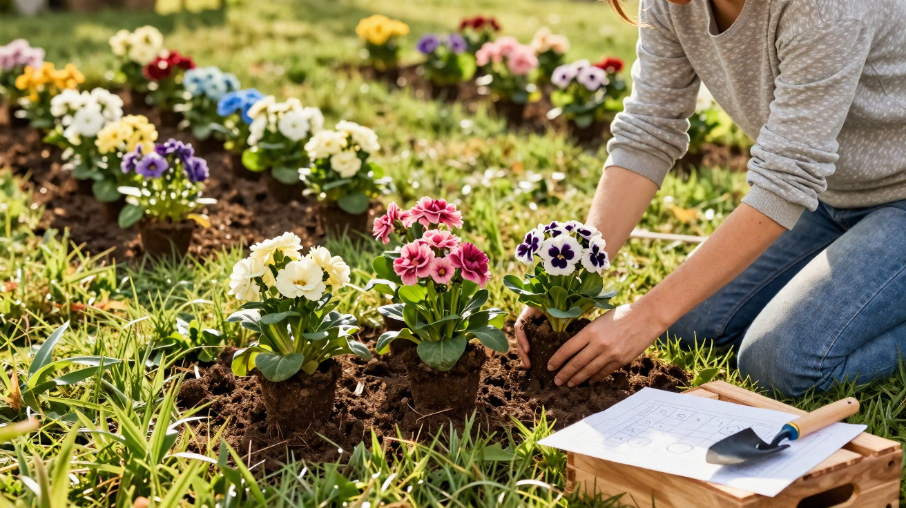 Jovem a plantar flores coloridas num jardim ensolarado, com ferramentas e esquema no chão.