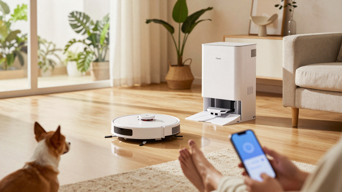 Aspirador robot branco a limpar chão de madeira numa sala com pessoa a usar telemóvel e um cão a observar.
