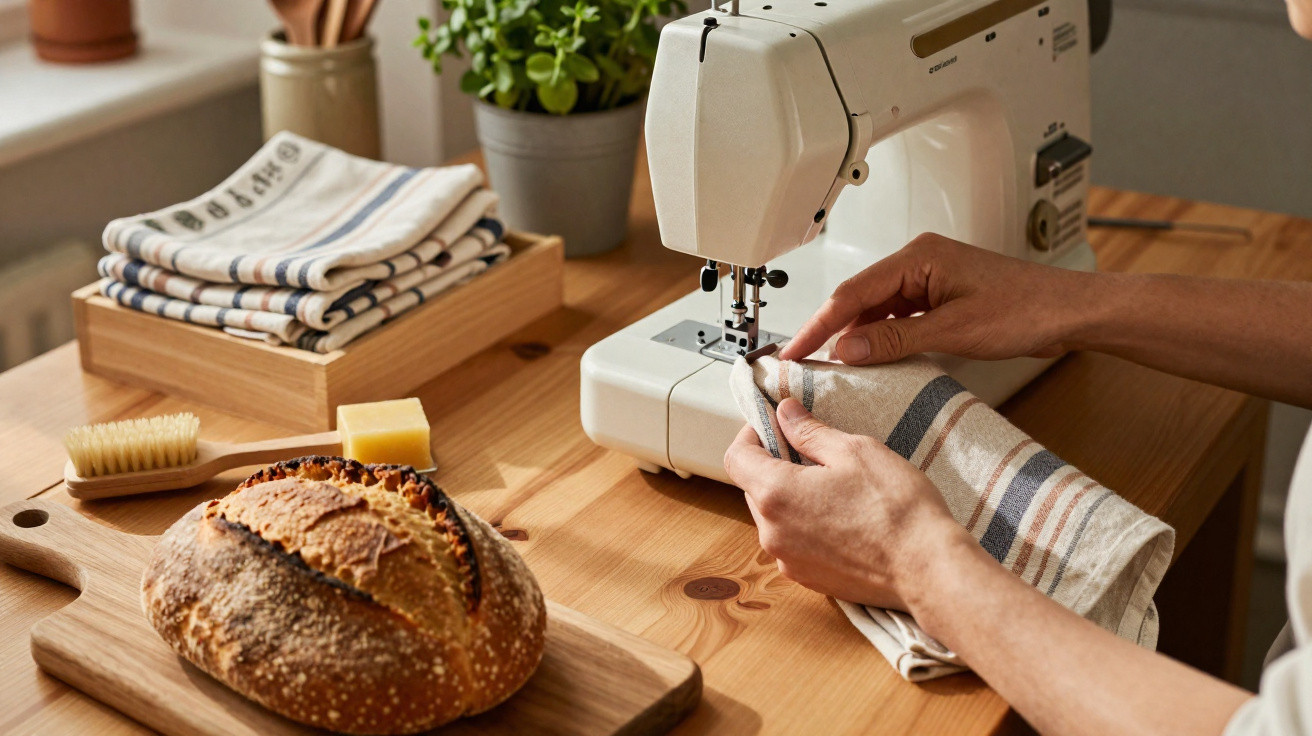 Pessoa a coser tecido riscado numa máquina de costura, com pão rústico e acessórios na mesa de madeira.